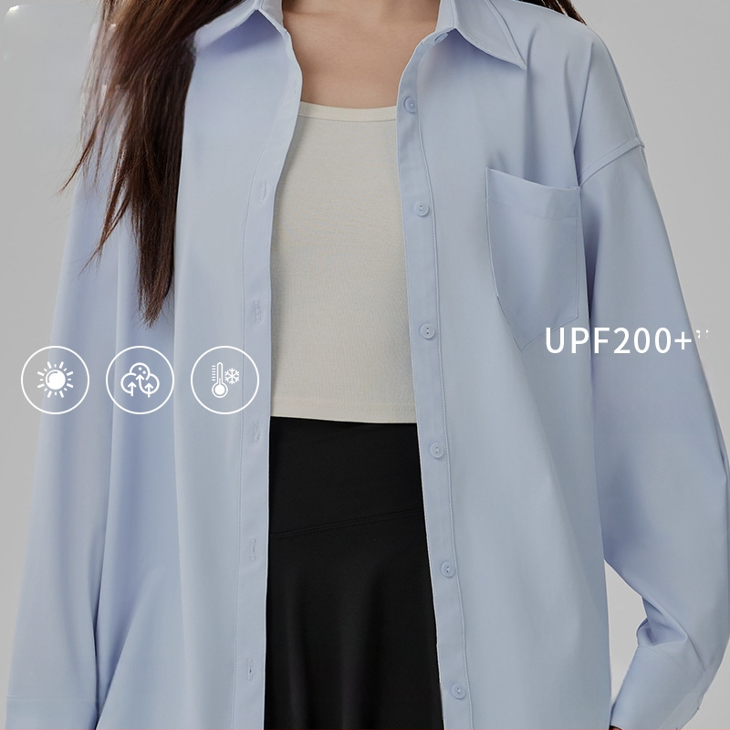 Bluza de protecție solară UPF50+ pentru femei, din nailon/poliamid cu elastan, material Ice Silk răcoritor, croială lejeră, mâneci lungi, subțire, culoare solidă, stil casual japonez-coreean