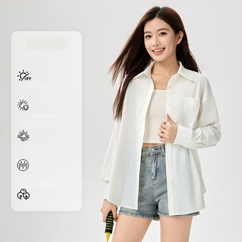 Bluza de protecție solară UPF50+ pentru femei, din nailon/poliamid cu elastan, material Ice Silk răcoritor, croială lejeră, mâneci lungi, subțire, culoare solidă, stil casual japonez-coreean