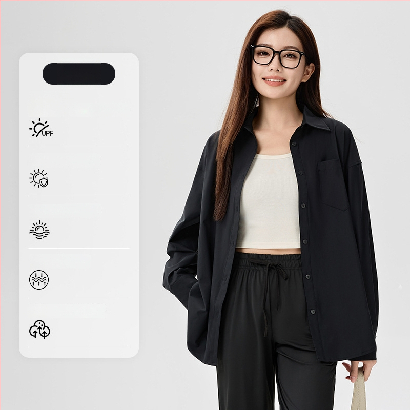 Bluza de protecție solară UPF50+ pentru femei, din nailon/poliamid cu elastan, material Ice Silk răcoritor, croială lejeră, mâneci lungi, subțire, culoare solidă, stil casual japonez-coreean