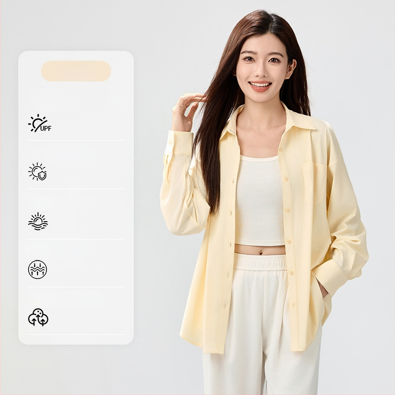 Bluza de protecție solară UPF50+ pentru femei, din nailon/poliamid cu elastan, material Ice Silk răcoritor, croială lejeră, mâneci lungi, subțire, culoare solidă, stil casual japonez-coreean
