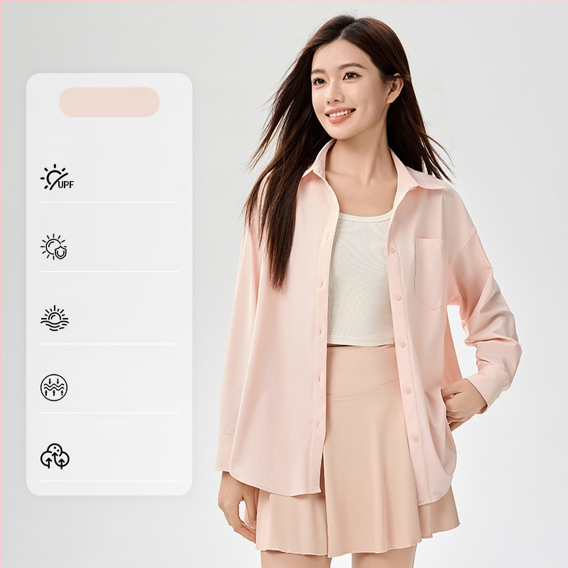 Bluza de protecție solară UPF50+ pentru femei, din nailon/poliamid cu elastan, material Ice Silk răcoritor, croială lejeră, mâneci lungi, subțire, culoare solidă, stil casual japonez-coreean