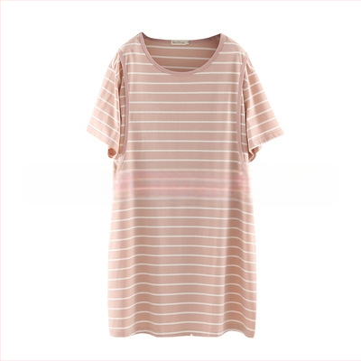 Rochie de maternitate pentru alăptat, din bumbac dungat, guler rotund, mâneci 3/4, croială A-line, lungime midi, croială lejeră