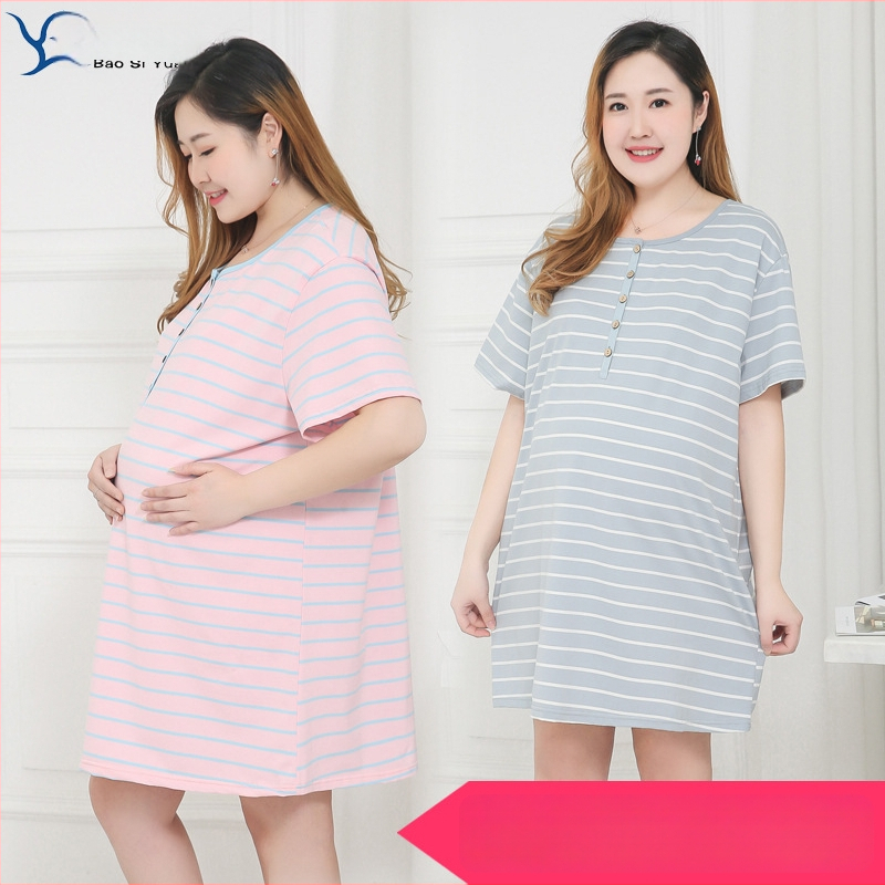 Rochie de maternitate pentru alăptat, din bumbac dungat, guler rotund, mâneci 3/4, croială A-line, lungime midi, croială lejeră