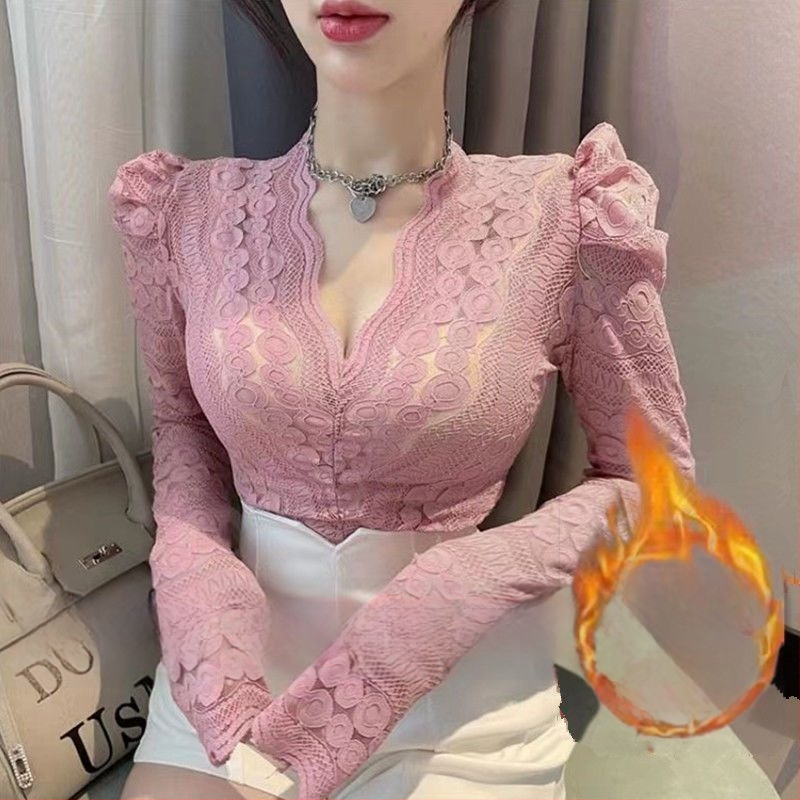 Čipkový top s V výstrihom a balónovými rukávmi, zmes polyesteru, nepravidelný strih, pre ženy, zimné 2021