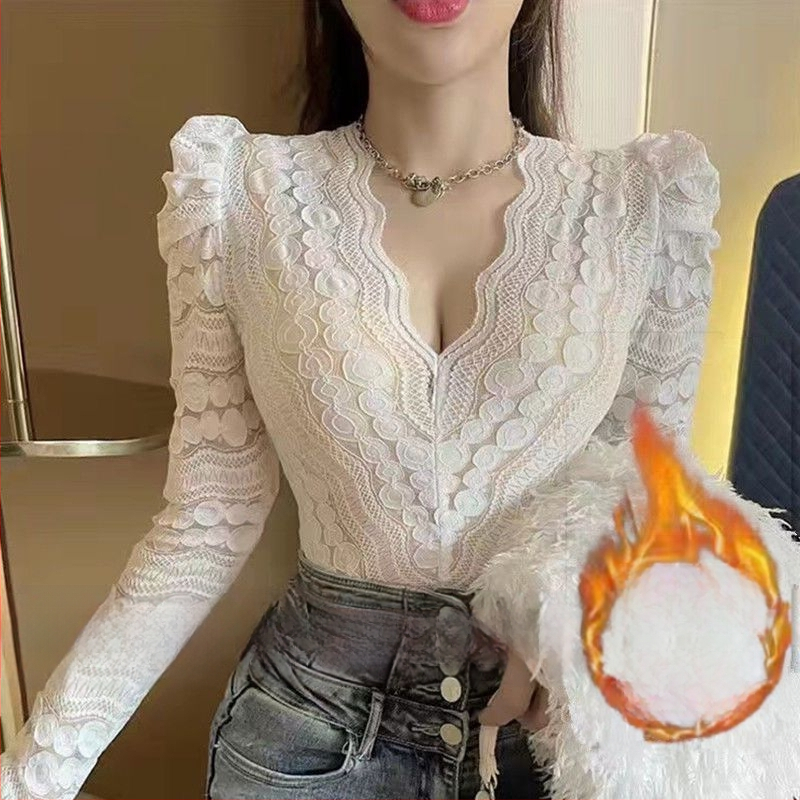 Čipkový top s V výstrihom a balónovými rukávmi, zmes polyesteru, nepravidelný strih, pre ženy, zimné 2021