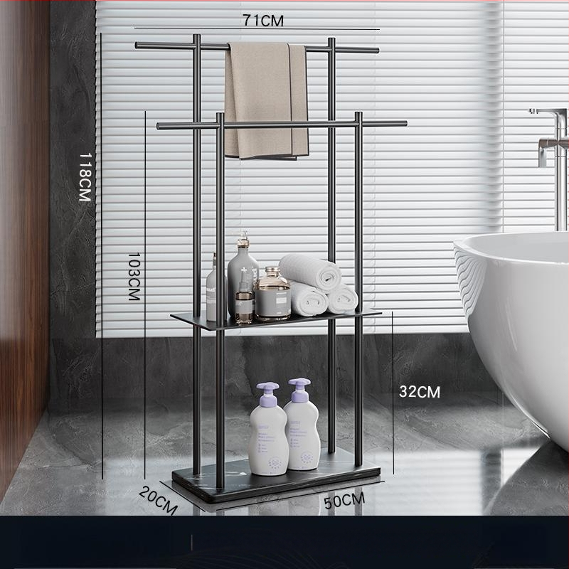 Fürdőszobai törölközőtartó padon álló, 4 rétegű, alumniumötvözet, márvány polccal, fúrás nélküli telepítés