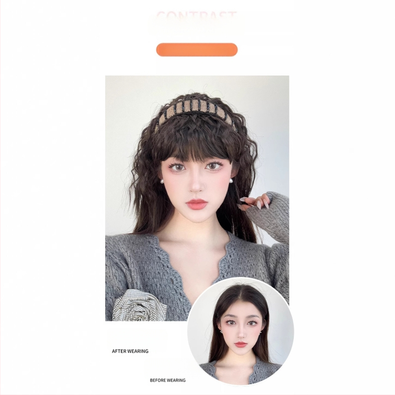 Fejkendővel és frufruval ellátott paróka, egy darabos kialakítás; széles gyémántos kristályos fejkendő; hőálló huzalból készült haj; a frufru egyenes vagy ferde; festhető és göndöríthető