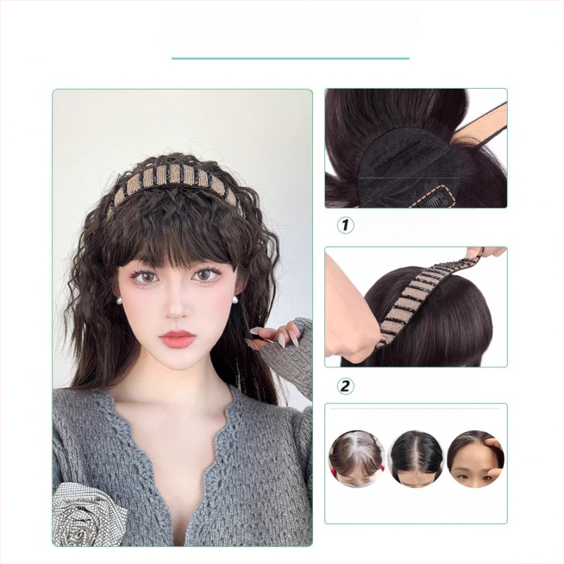 Fejkendővel és frufruval ellátott paróka, egy darabos kialakítás; széles gyémántos kristályos fejkendő; hőálló huzalból készült haj; a frufru egyenes vagy ferde; festhető és göndöríthető