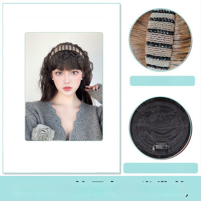 Fejkendővel és frufruval ellátott paróka, egy darabos kialakítás; széles gyémántos kristályos fejkendő; hőálló huzalból készült haj; a frufru egyenes vagy ferde; festhető és göndöríthető