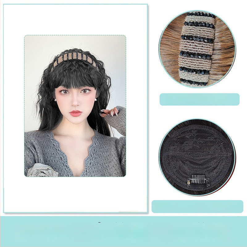 Fejkendővel és frufruval ellátott paróka, egy darabos kialakítás; széles gyémántos kristályos fejkendő; hőálló huzalból készült haj; a frufru egyenes vagy ferde; festhető és göndöríthető