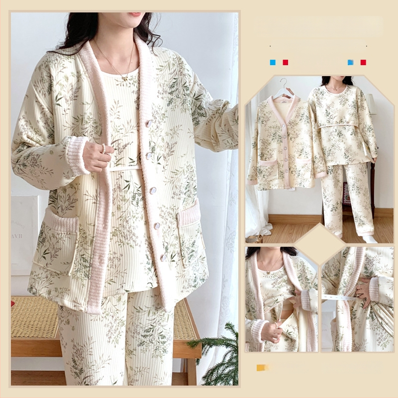 Σετ ρουχισμού μετά τον τοκετό για γαλουχία, μακρύ μανίκι, πλεκτός πολυεστέρας (95%+), εκτύπωση, φθινόπωρο 2024, ιαπωνοκορεατικό χαλαρωτικό στυλ