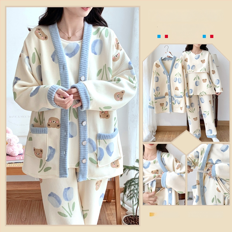 Σετ ρουχισμού μετά τον τοκετό για γαλουχία, μακρύ μανίκι, πλεκτός πολυεστέρας (95%+), εκτύπωση, φθινόπωρο 2024, ιαπωνοκορεατικό χαλαρωτικό στυλ