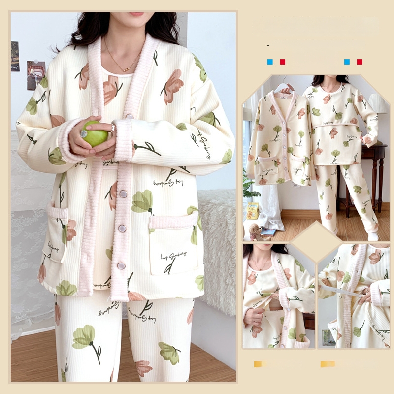 Σετ ρουχισμού μετά τον τοκετό για γαλουχία, μακρύ μανίκι, πλεκτός πολυεστέρας (95%+), εκτύπωση, φθινόπωρο 2024, ιαπωνοκορεατικό χαλαρωτικό στυλ