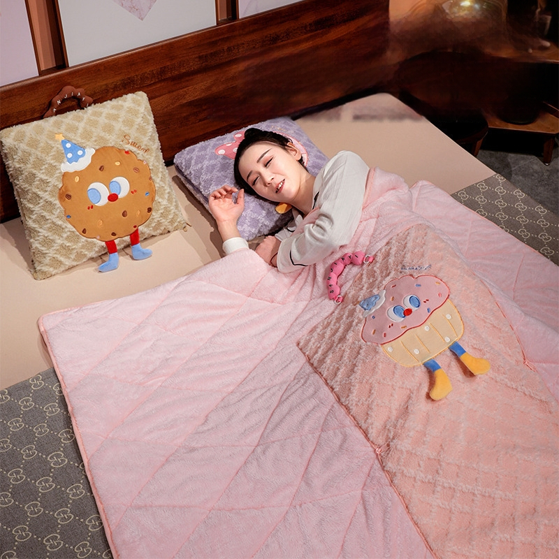 2-в-1 плюшена възглавница и одеяло за кола и офис, мотив сладки бисквитки, модел с принт, пълнеж PP памук