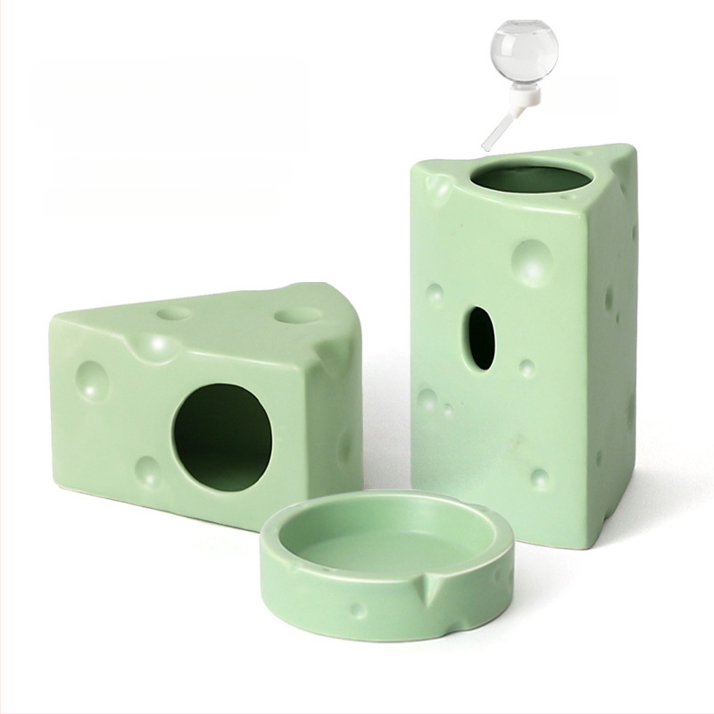 Keramické hniezdo pre škrečka v tvare syr burgeru na letné chladenie, vnútorné použitie (Materiál: keramika; Tvar: tvar syr burgeru; Ročné obdobie: leto; Štýl: kreslený; Použitie: vnútorné)