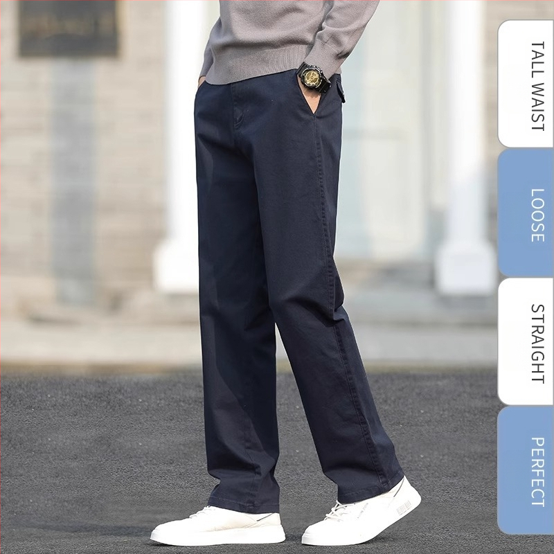 Muške hlače ravnog kroja, pamuk-spandex, visoki struk, za proljeće 2025, za muškarce srednje dobi