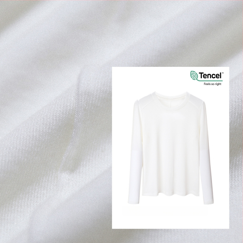 Μπλουζάκι με μακριά μανίκια από μίγμα Lyocell-μαλλιού, στενή γραμμή, στρογγυλή λαιμόκοψη, μονόχρωμο