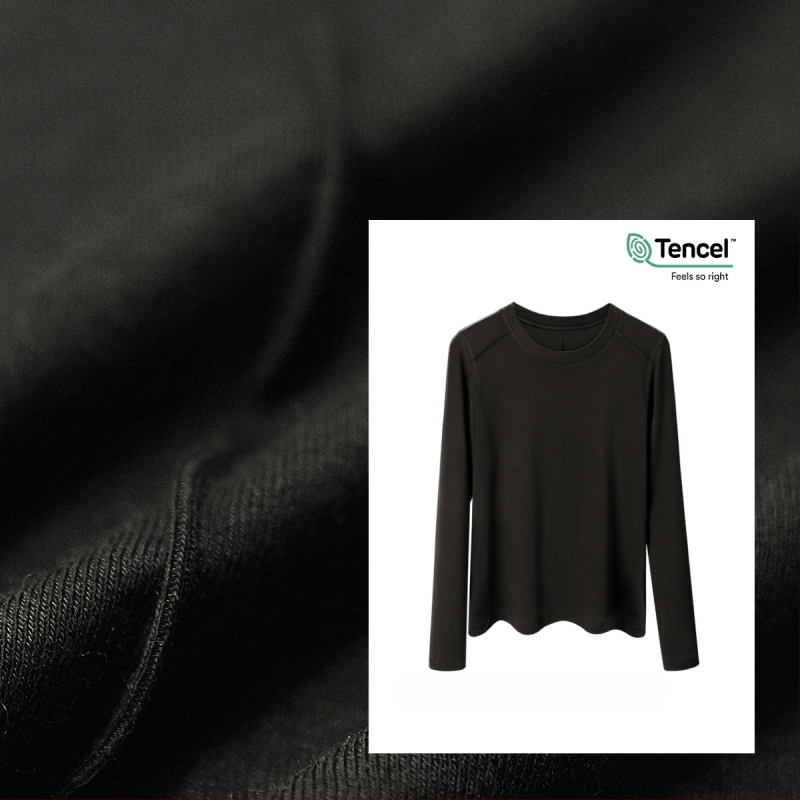 Μπλουζάκι με μακριά μανίκια από μίγμα Lyocell-μαλλιού, στενή γραμμή, στρογγυλή λαιμόκοψη, μονόχρωμο