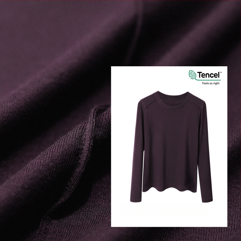 Μπλουζάκι με μακριά μανίκια από μίγμα Lyocell-μαλλιού, στενή γραμμή, στρογγυλή λαιμόκοψη, μονόχρωμο