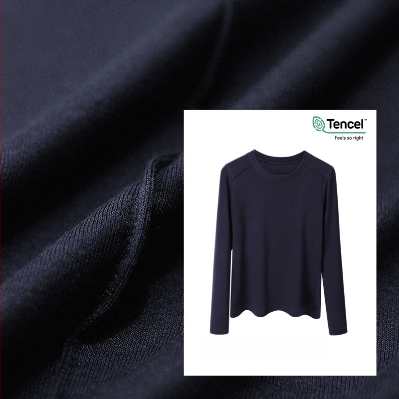 Μπλουζάκι με μακριά μανίκια από μίγμα Lyocell-μαλλιού, στενή γραμμή, στρογγυλή λαιμόκοψη, μονόχρωμο