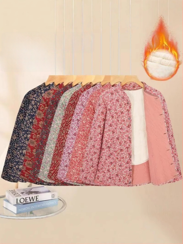 Dámsky zimný kabát s výplňou bavlna, okrúhly výstrih, dlhé rukávy, vzor s rozbitémi kvetmi, polyesterová tkanina