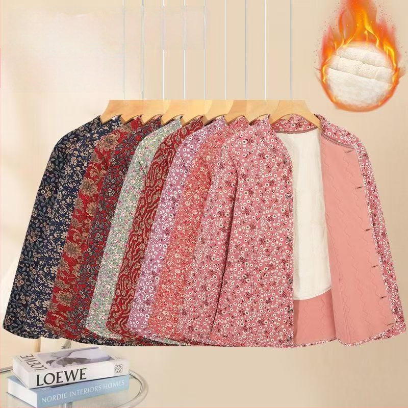 Dámsky zimný kabát s výplňou bavlna, okrúhly výstrih, dlhé rukávy, vzor s rozbitémi kvetmi, polyesterová tkanina