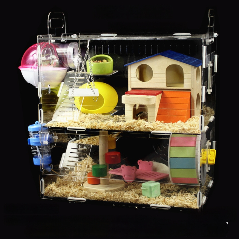 Akrylová klietka pre hamsterov, dvojposchodová, priehľadná vila-kaštieľ, guľatého tvaru, do interiéru, vodotesná