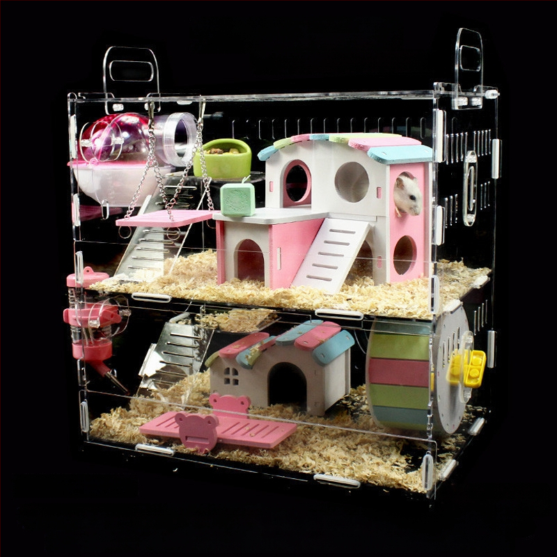 Akrylová klietka pre hamsterov, dvojposchodová, priehľadná vila-kaštieľ, guľatého tvaru, do interiéru, vodotesná