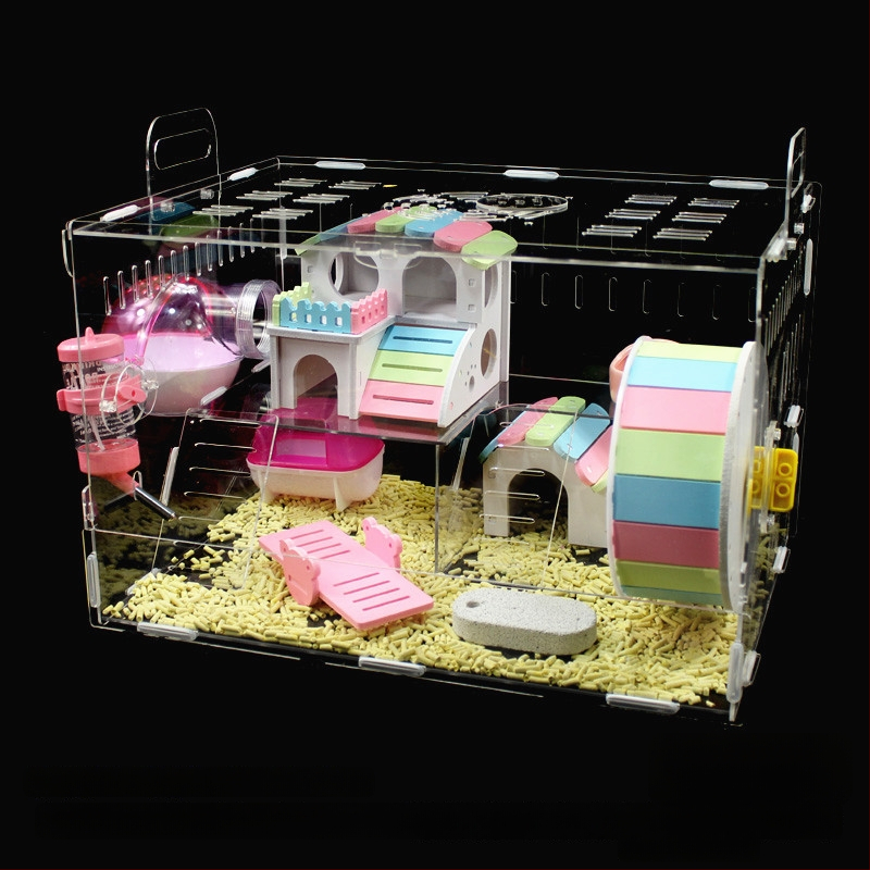 Akrylová klietka pre hamsterov, dvojposchodová, priehľadná vila-kaštieľ, guľatého tvaru, do interiéru, vodotesná