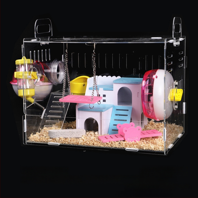 Akrylová klietka pre hamsterov, dvojposchodová, priehľadná vila-kaštieľ, guľatého tvaru, do interiéru, vodotesná