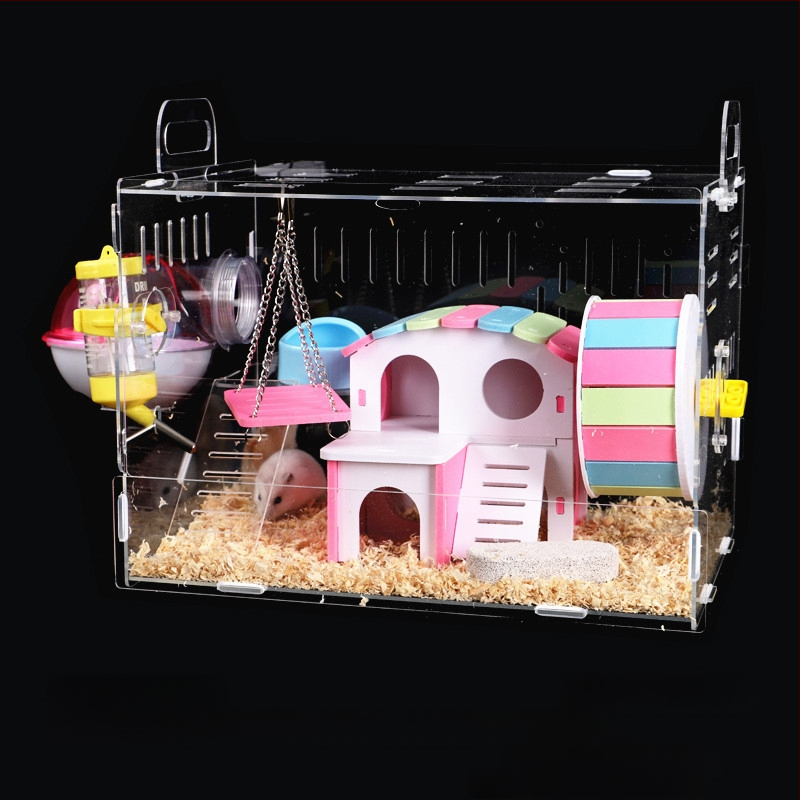 Akrylová klietka pre hamsterov, dvojposchodová, priehľadná vila-kaštieľ, guľatého tvaru, do interiéru, vodotesná
