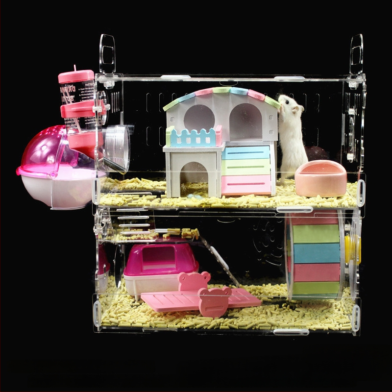 Akrylová klietka pre hamsterov, dvojposchodová, priehľadná vila-kaštieľ, guľatého tvaru, do interiéru, vodotesná