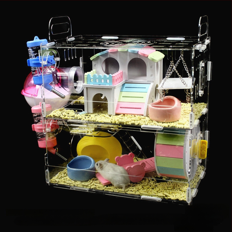 Akrylová klietka pre hamsterov, dvojposchodová, priehľadná vila-kaštieľ, guľatého tvaru, do interiéru, vodotesná