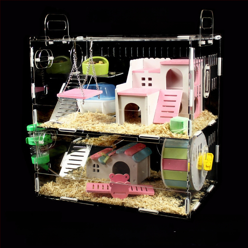 Akrylová klietka pre hamsterov, dvojposchodová, priehľadná vila-kaštieľ, guľatého tvaru, do interiéru, vodotesná