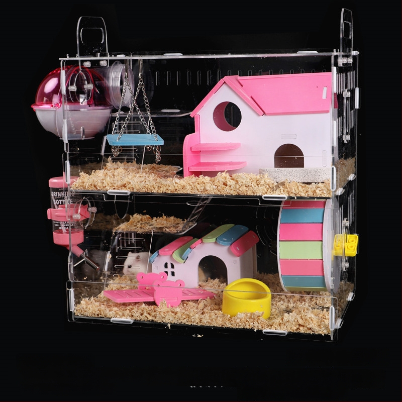 Akrylová klietka pre hamsterov, dvojposchodová, priehľadná vila-kaštieľ, guľatého tvaru, do interiéru, vodotesná