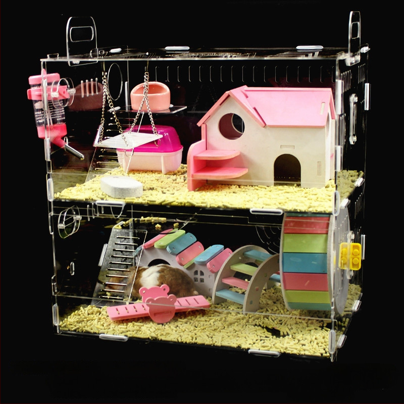 Akrylová klietka pre hamsterov, dvojposchodová, priehľadná vila-kaštieľ, guľatého tvaru, do interiéru, vodotesná