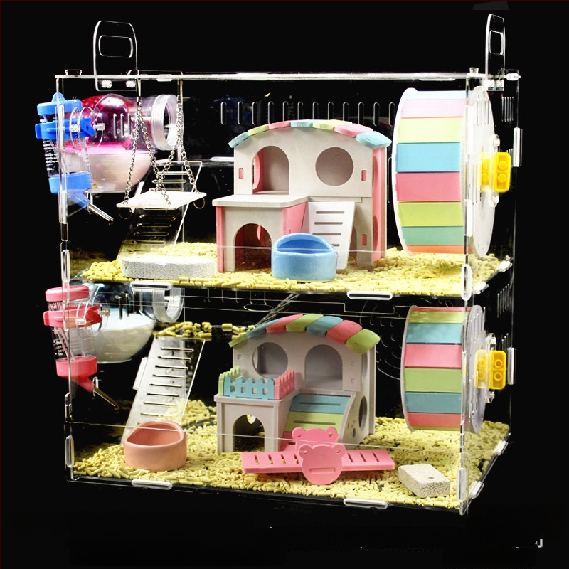 Akrylová klietka pre hamsterov, dvojposchodová, priehľadná vila-kaštieľ, guľatého tvaru, do interiéru, vodotesná