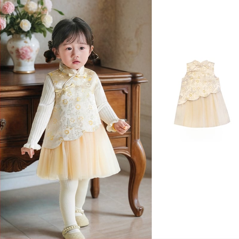 Φόρεμα κοριτσιών σε κινεζικό στιλ χωρίς μανίκια, σατέν ύφασμα, Α-γραμμή φούστα, μοτίβο με γράμματα και πουά, επένδυση 100% βαμβάκι