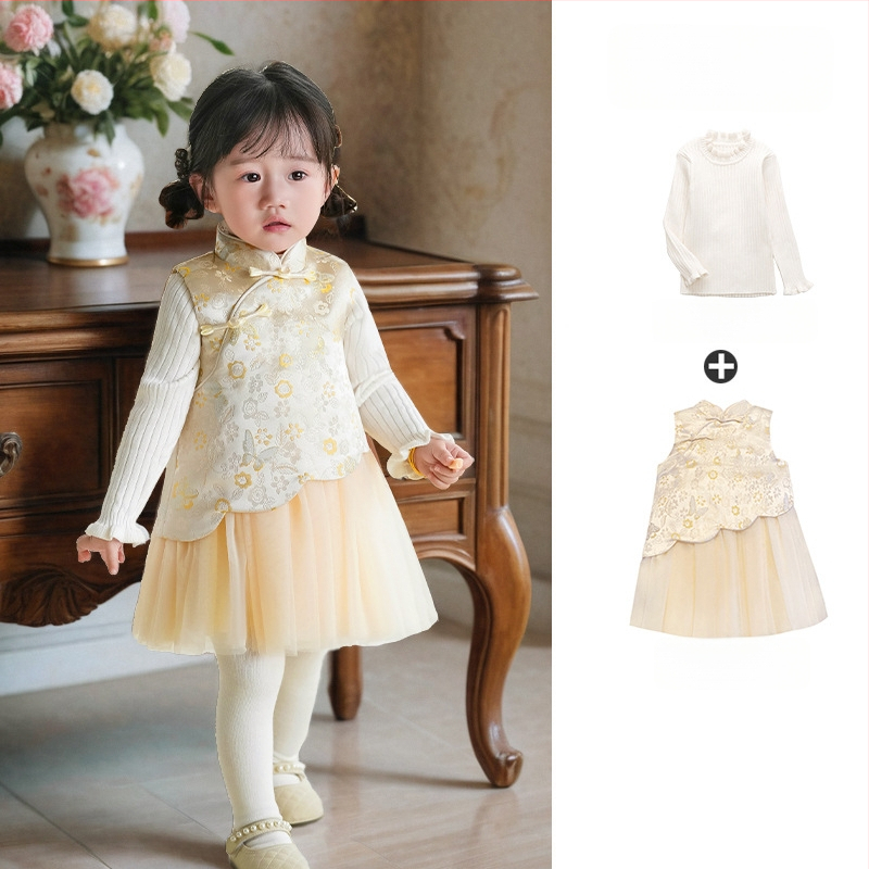 Φόρεμα κοριτσιών σε κινεζικό στιλ χωρίς μανίκια, σατέν ύφασμα, Α-γραμμή φούστα, μοτίβο με γράμματα και πουά, επένδυση 100% βαμβάκι