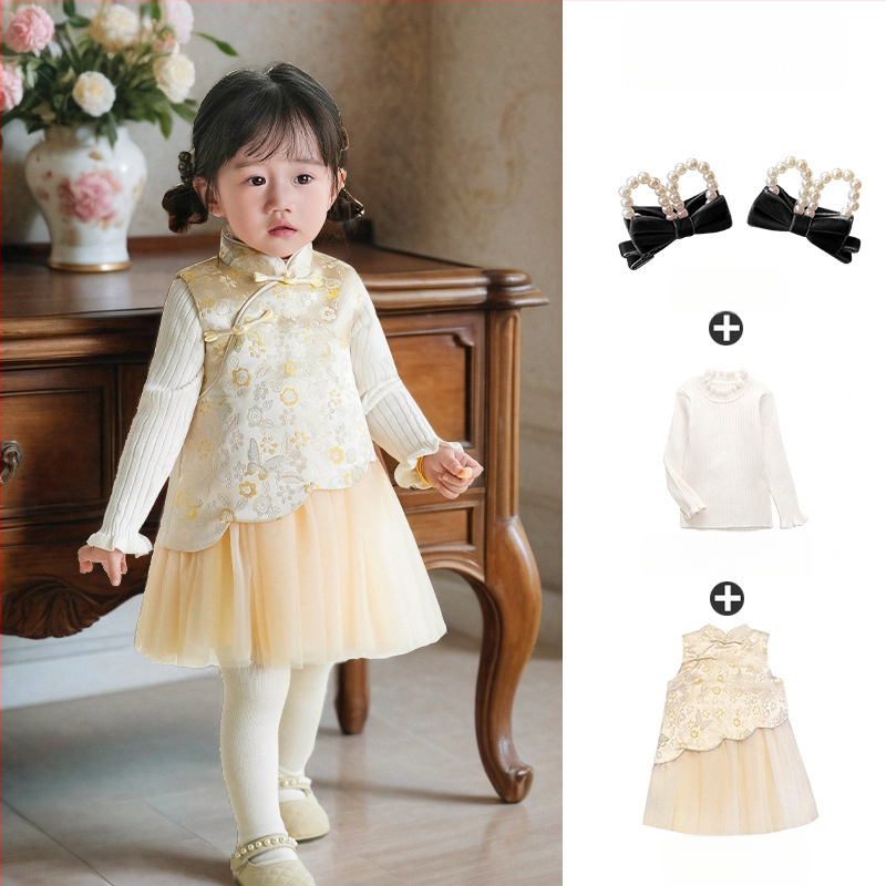 Φόρεμα κοριτσιών σε κινεζικό στιλ χωρίς μανίκια, σατέν ύφασμα, Α-γραμμή φούστα, μοτίβο με γράμματα και πουά, επένδυση 100% βαμβάκι