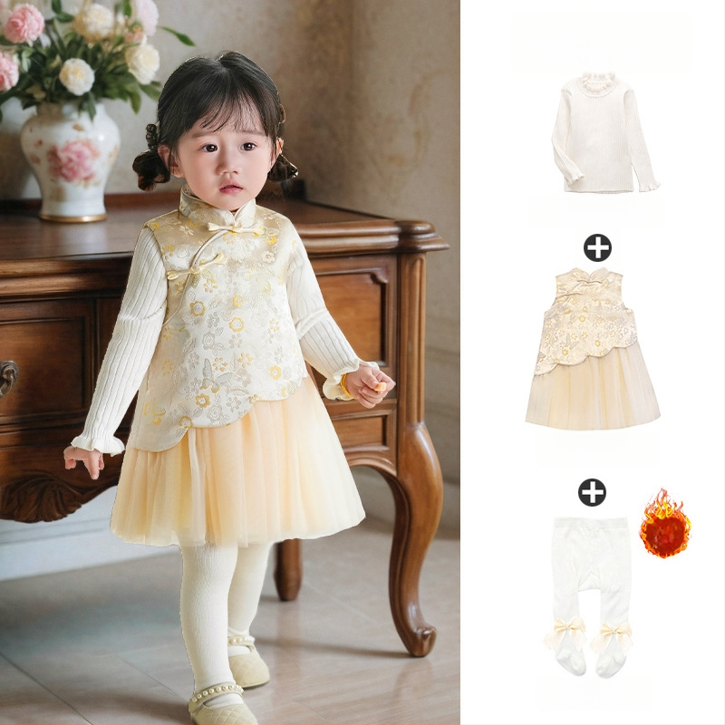 Φόρεμα κοριτσιών σε κινεζικό στιλ χωρίς μανίκια, σατέν ύφασμα, Α-γραμμή φούστα, μοτίβο με γράμματα και πουά, επένδυση 100% βαμβάκι