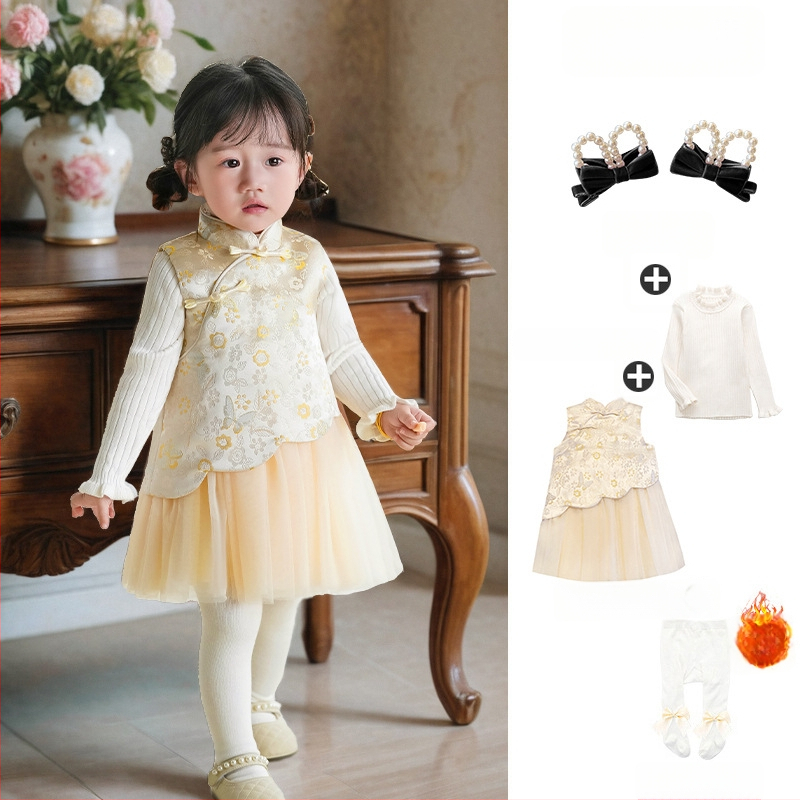 Φόρεμα κοριτσιών σε κινεζικό στιλ χωρίς μανίκια, σατέν ύφασμα, Α-γραμμή φούστα, μοτίβο με γράμματα και πουά, επένδυση 100% βαμβάκι