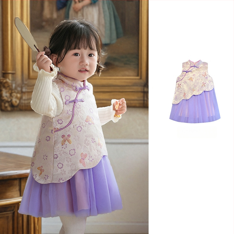 Φόρεμα κοριτσιών σε κινεζικό στιλ χωρίς μανίκια, σατέν ύφασμα, Α-γραμμή φούστα, μοτίβο με γράμματα και πουά, επένδυση 100% βαμβάκι