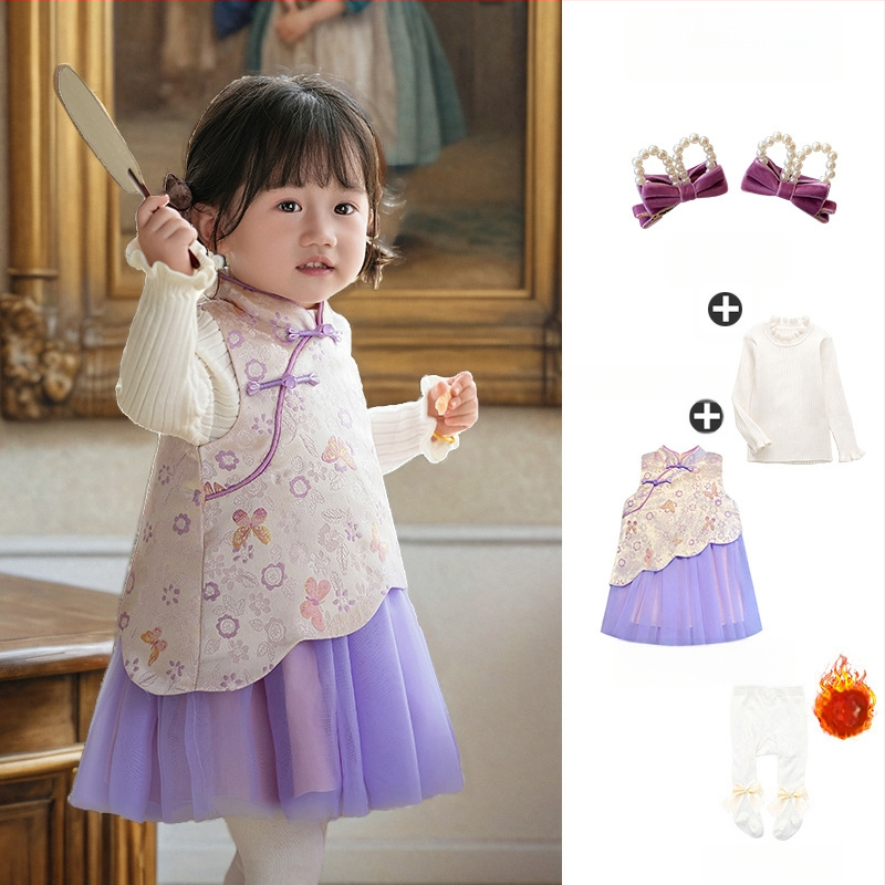 Φόρεμα κοριτσιών σε κινεζικό στιλ χωρίς μανίκια, σατέν ύφασμα, Α-γραμμή φούστα, μοτίβο με γράμματα και πουά, επένδυση 100% βαμβάκι