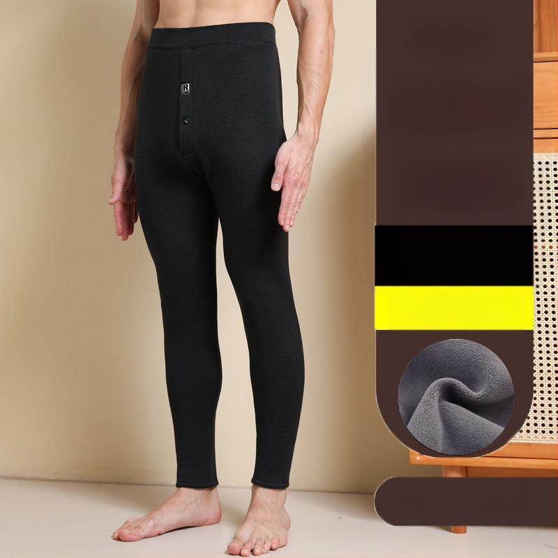 Pantaloni termici pentru bărbați cu căptușeală de fleece, talie înaltă, dublu strat, poliester