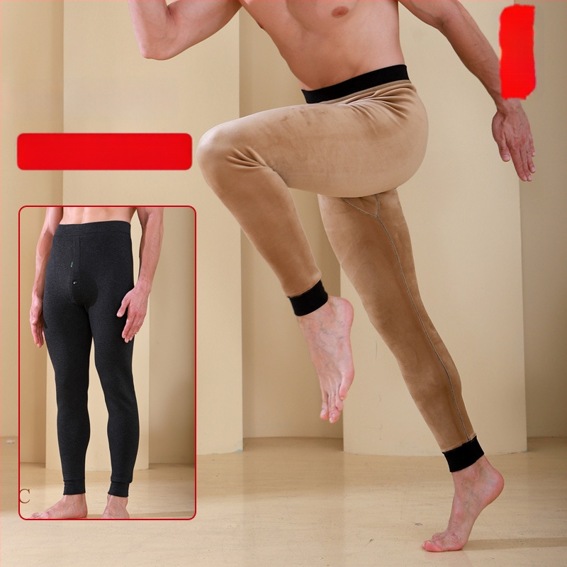 Pantaloni termici pentru bărbați cu căptușeală de fleece, talie înaltă, dublu strat, poliester