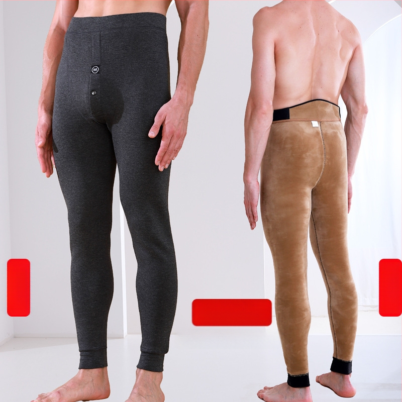 Pantaloni termici pentru bărbați cu căptușeală de fleece, talie înaltă, dublu strat, poliester