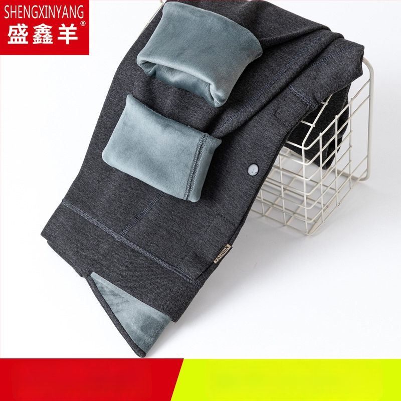 Pantaloni termici pentru bărbați cu căptușeală de fleece, talie înaltă, dublu strat, poliester