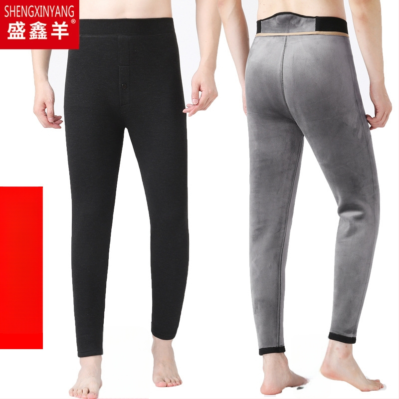 Pantaloni termici pentru bărbați cu căptușeală de fleece, talie înaltă, dublu strat, poliester