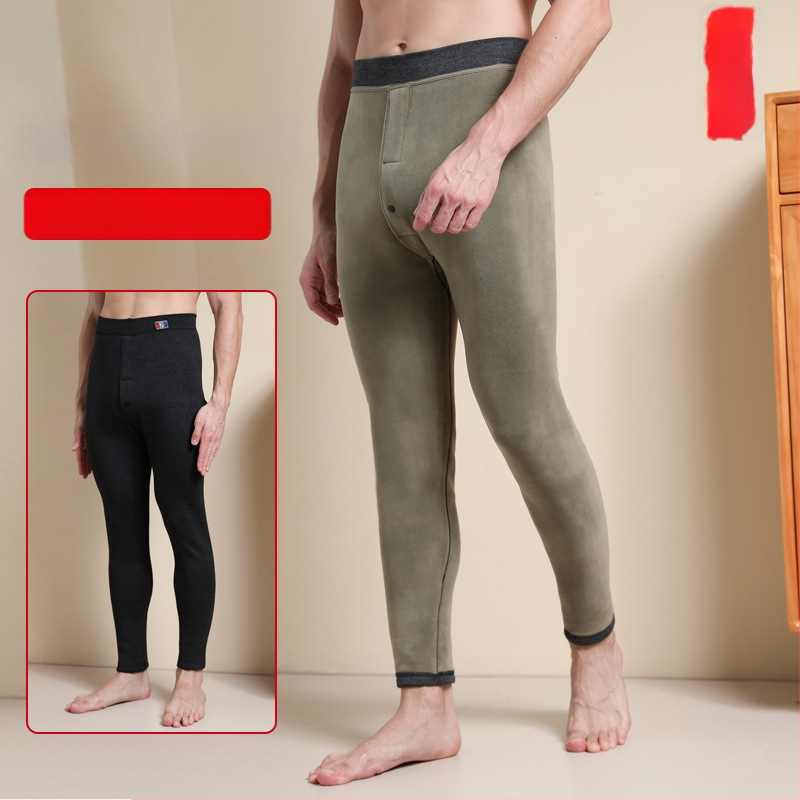 Pantaloni termici pentru bărbați cu căptușeală de fleece, talie înaltă, dublu strat, poliester